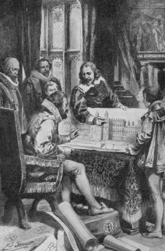Inigo Jones esittelee Whitehallin uudelleenrakentamista koskevia suunnitelmiaan kuningas Jaakko I:lle (litografia). tekijältä Edward Frederick Skinner