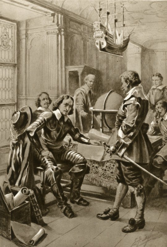 Robert Blake puhuu Oliver Cromwellin kanssa Whitehallin neuvostosalissa (litografia). tekijältä Edward Frederick Skinner