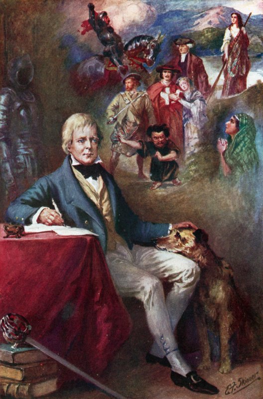 Sir Walter Scott ja eräät hänen tunnetuimmista teoksistaan (värilitografia). tekijältä Edward Frederick Skinner