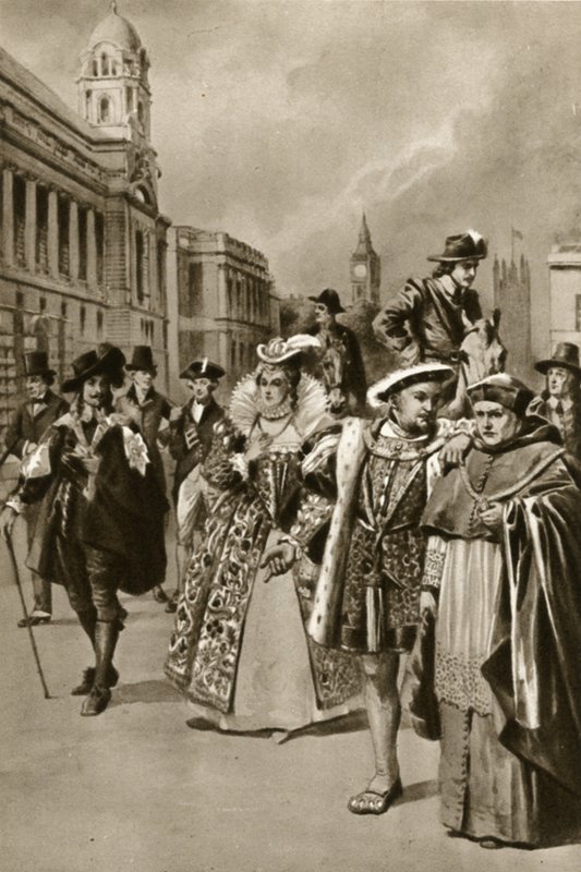 Lontoon kadut: Kuningas Kaarle I, kuningatar Elisabet I, kuningas Henrik VIII, kardinaali Wolsey (litografia). tekijältä Edward Frederick Skinner