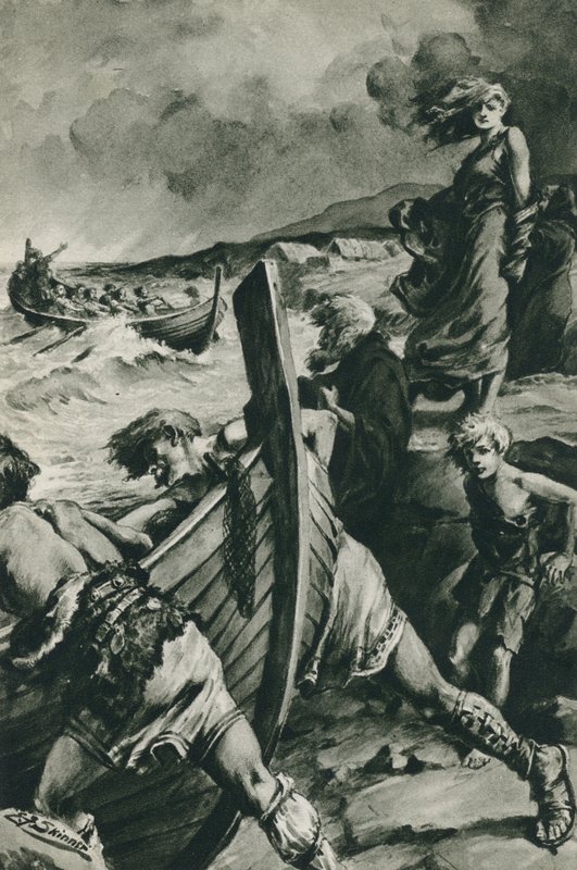 Viikingit, jotka purjehtivat Norjan vuonoista ja löysivät Amerikan kauan ennen Kolumbusta (litografia). tekijältä Edward Frederick Skinner