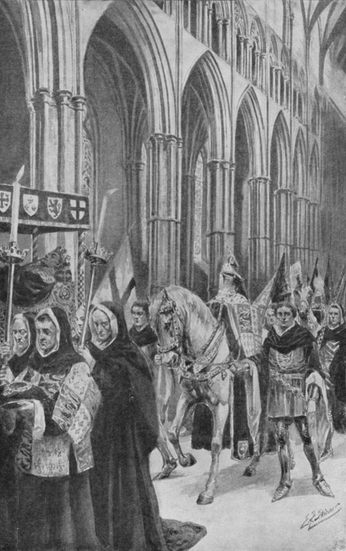 Kuningas Henrik V:n ratsut seuraavat hänen arkkunsa perässä kirkkolaivassa (litografia). tekijältä Edward Frederick Skinner
