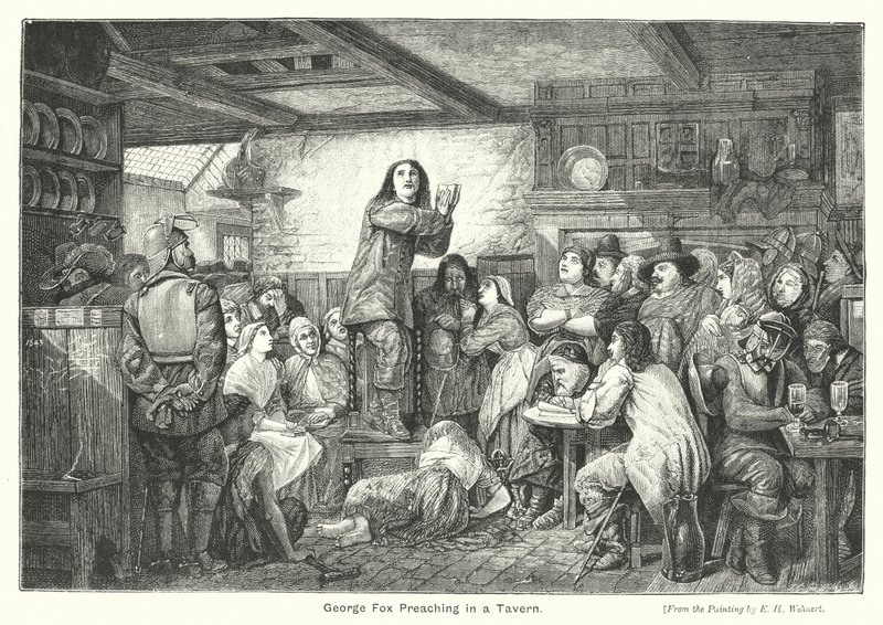 George Fox saarnaa tavernassa (kaiverrus) tekijältä Edward Henry (after) Wehnert