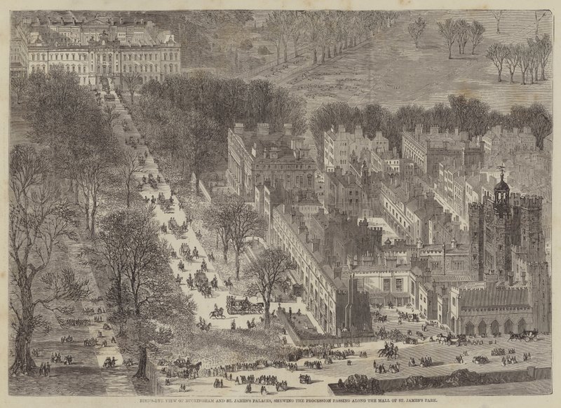 Lintuperspektiivistä näkymä Buckinghamiin ja St Jamesin palatsiin, pitkin kulkevaa kulkuetta pureskelemassa? tekijältä Edward Hull