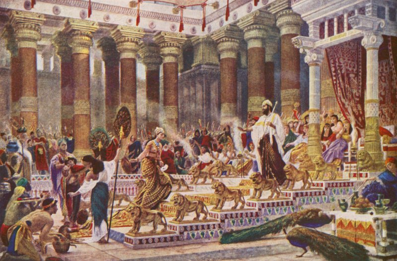 Saaban kuningattaren vierailu kuningas Salomonin luona (värilitografia) tekijältä Edward John (after) Poynter