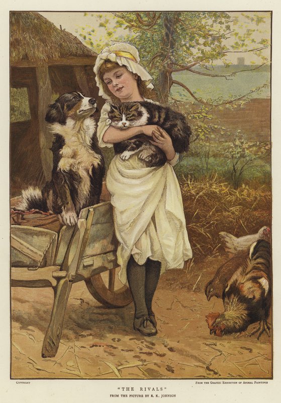 Nuori tyttö pitelee kissaa sylissään koiran rinnalla (väri litho) tekijältä Edward Killingworth Johnson