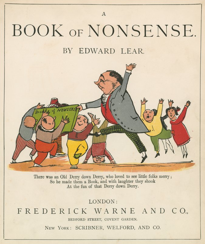 "A Book of Nonsense" -kirjan etukansi, julkaisija Frederick Warne and Co., Lontoo, n. 1875 tekijältä Edward Lear