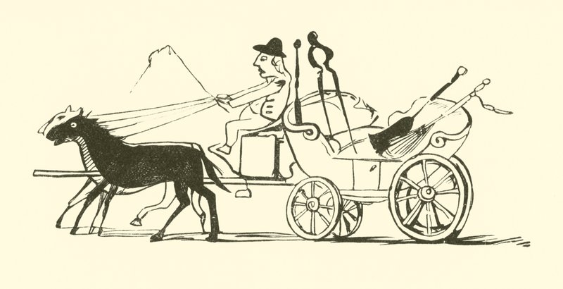 Luuta, lapio, pokeri ja pihdit (kaiverrus) tekijältä Edward Lear