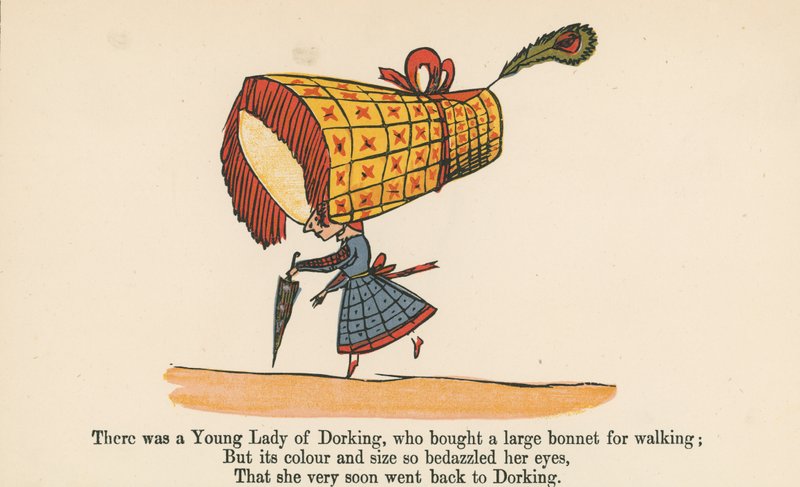 Eräs nuori nainen Dorkingista osti suuren päähineen kävelyä varten "A Book of Nonsense" -kirjasta, jonka julkaisi Frederick Warne and Co., Lontoo, n. 1875. tekijältä Edward Lear