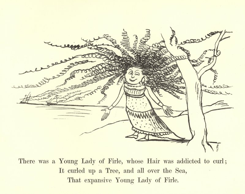 Siellä oli Firlen nuori nainen, jonka hiukset olivat riippuvaisia kiharasta tekijältä Edward Lear