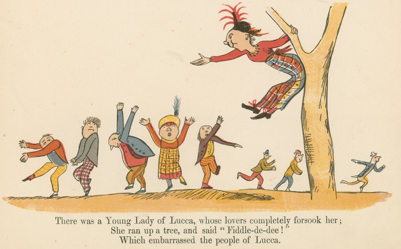 Olipa kerran Luccan nuori neito, jonka rakastajat hylkäsivät hänet täysin, Frederick Warne and Co:n Lontoossa noin vuonna 1875 julkaisemasta "A Book of Nonsense" -kirjasta. tekijältä Edward Lear