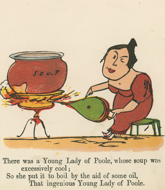 Olipa kerran nuori nainen Poolesta, jonka keitto oli liian viileää, Frederick Warne and Co:n julkaisemasta "A Book of Nonsense", Lontoo, n. 1875. tekijältä Edward Lear