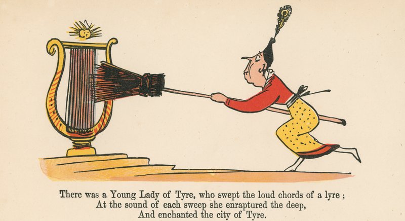 Olipa kerran nuori nainen Tyyrolaisesta, joka pyyhkäisi lyyran äänekkäitä sointuja, kirjasta "A Book of Nonsense", julkaissut Frederick Warne and Co., Lontoo, n. 1875. tekijältä Edward Lear