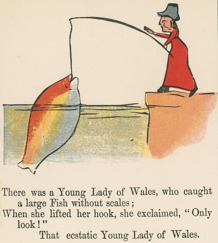 Eräs Walesin nuori nainen sai kiinni suuren kalan ilman suomuksia "A Book of Nonsense", jonka julkaisija Frederick Warne and Co., Lontoo, n. 1875 tekijältä Edward Lear