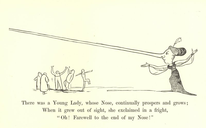 Siellä oli nuori nainen, jonka nenä kukoistaa ja kasvaa jatkuvasti tekijältä Edward Lear