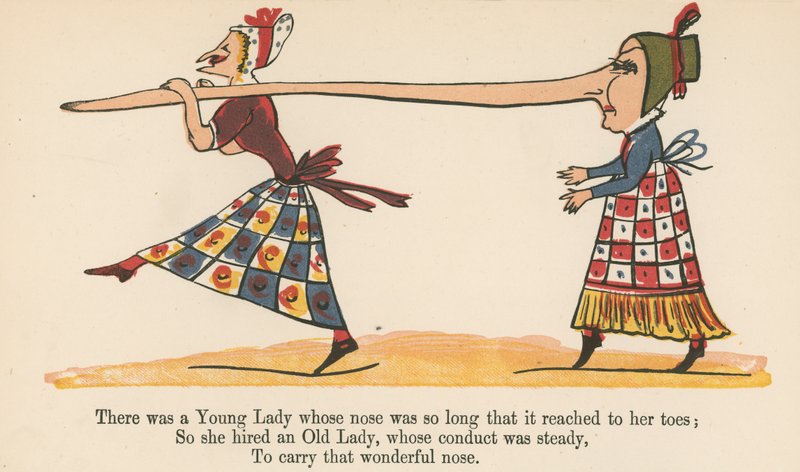 Siellä oli nuori nainen, jonka nenä oli niin pitkä, että se ulottui hänen varpaisiinsa. Kirjasta "A Book of Nonsense", jonka julkaisija Frederick Warne and Co., Lontoo, n. 1875 tekijältä Edward Lear