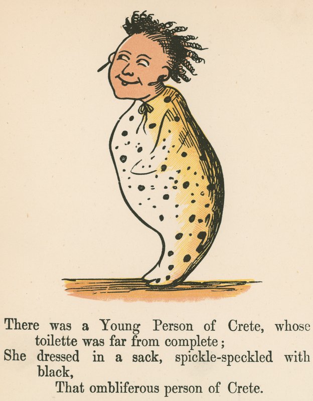 Siellä oli nuori Kreetalta, jonka wc ei ollut läheskään täydellinen, kirjasta "A Book of Nonsense", jonka julkaisija Frederick Warne and Co., Lontoo, noin 1875 tekijältä Edward Lear