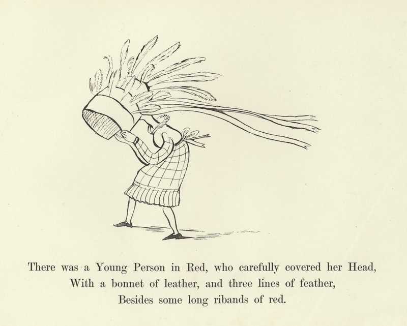 Siellä oli nuori punapukuinen henkilö, joka peitti huolellisesti päänsä tekijältä Edward Lear