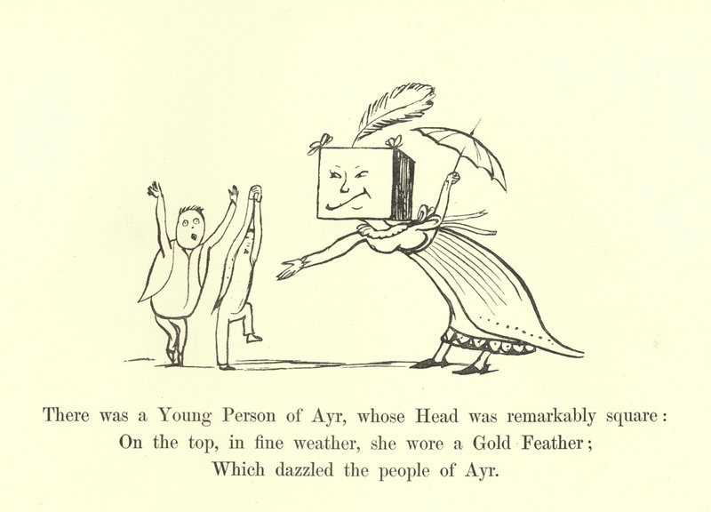 Oli eräs nuori mies Ayrista, jonka pää oli huomattavan neliskanttinen. tekijältä Edward Lear