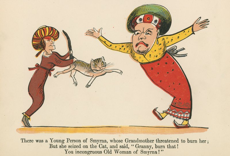 Smyrnassa oli nuori henkilö, jonka isoäiti uhkasi polttaa hänet kirjasta "A Book of Nonsense", jonka julkaisija Frederick Warne and Co., Lontoo, noin 1875 tekijältä Edward Lear