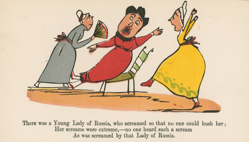 Olipa kerran nuori venäläinen nainen, joka huusi niin, ettei kukaan voinut hiljentää häntä, Frederick Warne and Co:n julkaisemasta "A Book of Nonsense", Lontoo, n. 1875. tekijältä Edward Lear