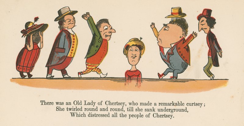 Olipa kerran Chertseyn vanha rouva, joka teki huomattavan polvistumisen, Frederick Warne and Co:n Lontoossa noin vuonna 1875 julkaisemasta "A Book of Nonsense" -kirjasta. tekijältä Edward Lear