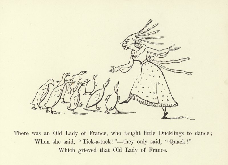 Siellä oli eräs Ranskan vanha rouva, joka opetti pieniä ankanpoikia tanssimaan tekijältä Edward Lear
