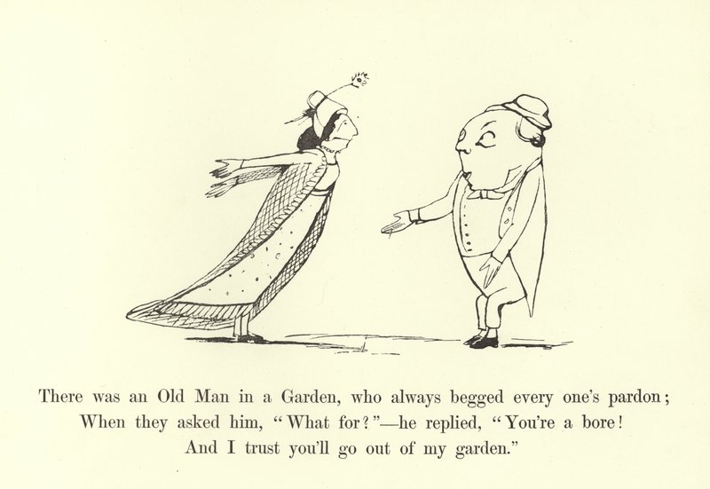 Puutarhassa oli vanha mies, joka aina pyysi jokaiselta anteeksi tekijältä Edward Lear