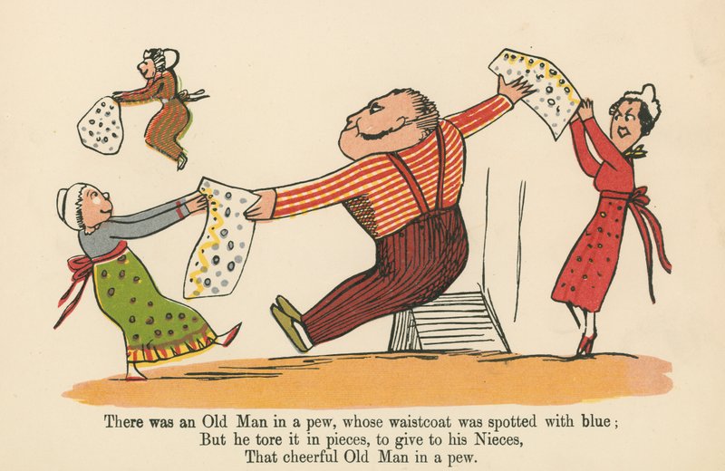Penkissä oli vanha mies, jonka liivi oli täplitetty sinisellä kirjasta "A Book of Nonsense", julkaisija Frederick Warne and Co., Lontoo, noin 1875 tekijältä Edward Lear