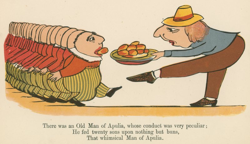 Siellä oli yksi Apulian vanha mies, jonka käytös oli hyvin omituista, kirjasta "A Book of Nonsense", jonka julkaisija Frederick Warne and Co., Lontoo, noin 1875 tekijältä Edward Lear