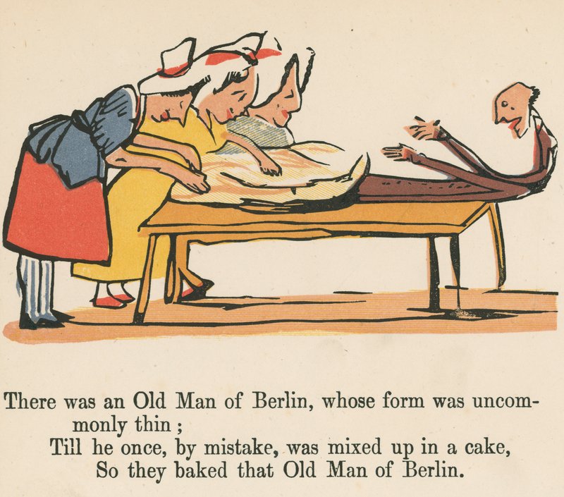 Siellä oli Berliinin vanha mies, jonka muoto oli harvinaisen ohut, kirjasta "A Book of Nonsense", julkaisija Frederick Warne and Co., Lontoo, noin 1875 tekijältä Edward Lear