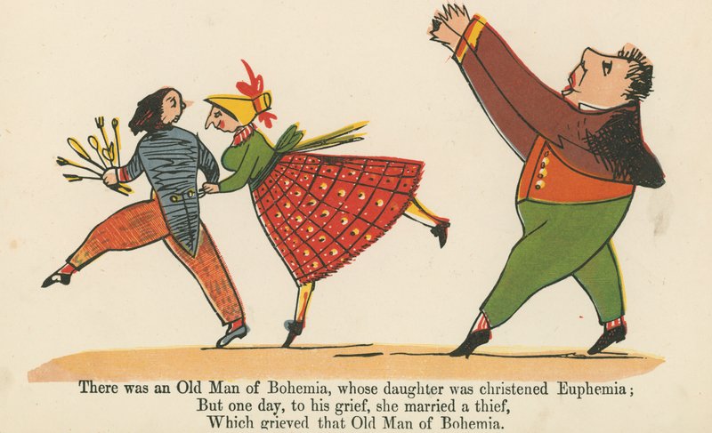 Olipa kerran Böömin vanhus, jonka tytär kastettiin Eufemiaksi, Frederick Warne and Co., Lontoo, n. 1875, julkaisemasta "A Book of Nonsense" -kirjasta. tekijältä Edward Lear