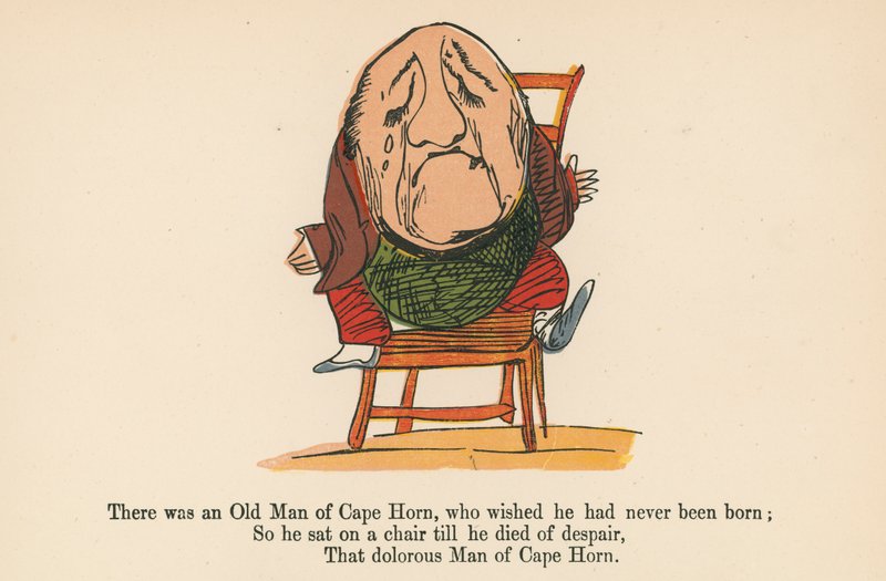 Siellä oli Cape Hornin vanha mies, joka toivoi, ettei hän olisi koskaan syntynyt, kirjasta "A Book of Nonsense", jonka julkaisija Frederick Warne and Co., Lontoo, noin 1875 tekijältä Edward Lear