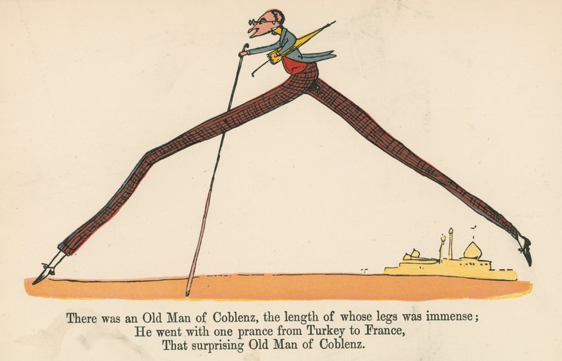 Siellä oli Coblenzin vanha mies, jonka jalkojen pituus oli valtava, kirjasta "A Book of Nonsense", jonka julkaisi Frederick Warne and Co., Lontoo, noin 1875 tekijältä Edward Lear