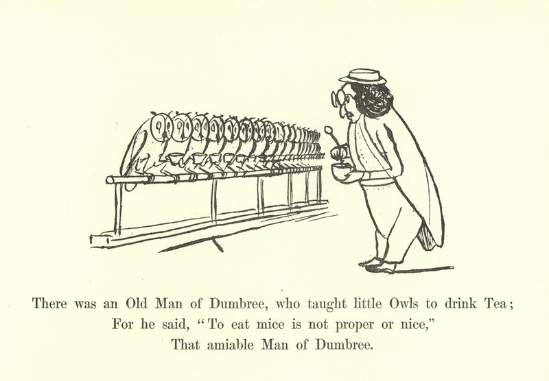 Siellä oli Dumbreen vanha mies, joka opetti pieniä pöllöjä juomaan teetä tekijältä Edward Lear