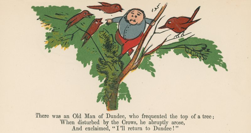 Siellä oli eräs Dundee-vanha mies, joka kävi usein puun lavalla. Kirjasta "A Book of Nonsense", julkaisija Frederick Warne and Co., Lontoo, noin 1875 tekijältä Edward Lear