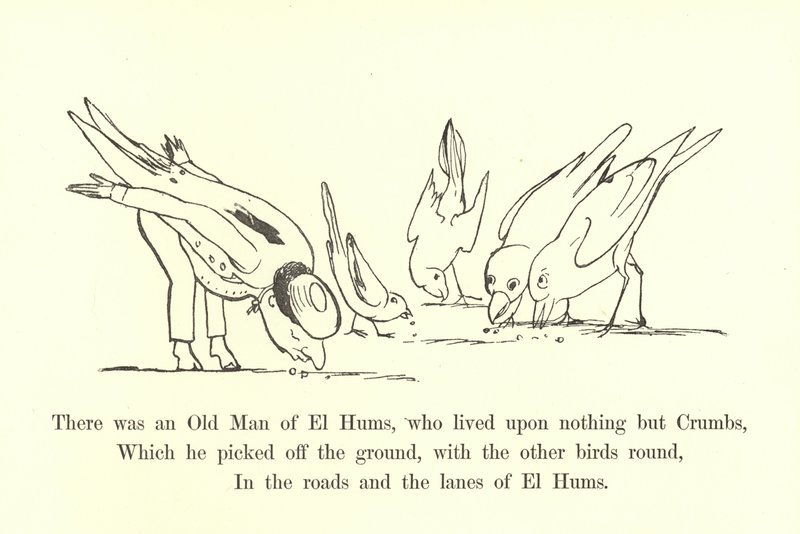 El Humsissa oli vanha mies, joka ei elänyt muulla kuin Crumbsilla tekijältä Edward Lear