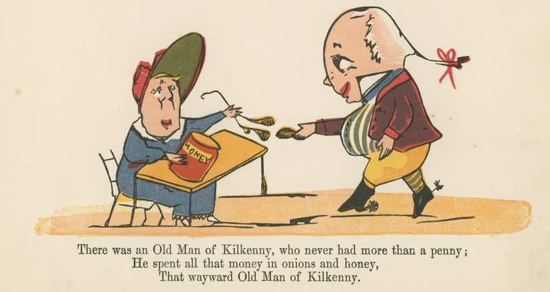 Siellä oli Kilkennyn vanha mies, jolla ei koskaan ollut enempää kuin penniäkään, kirjasta "A Book of Nonsense", jonka julkaisija Frederick Warne and Co., Lontoo, noin 1875 tekijältä Edward Lear