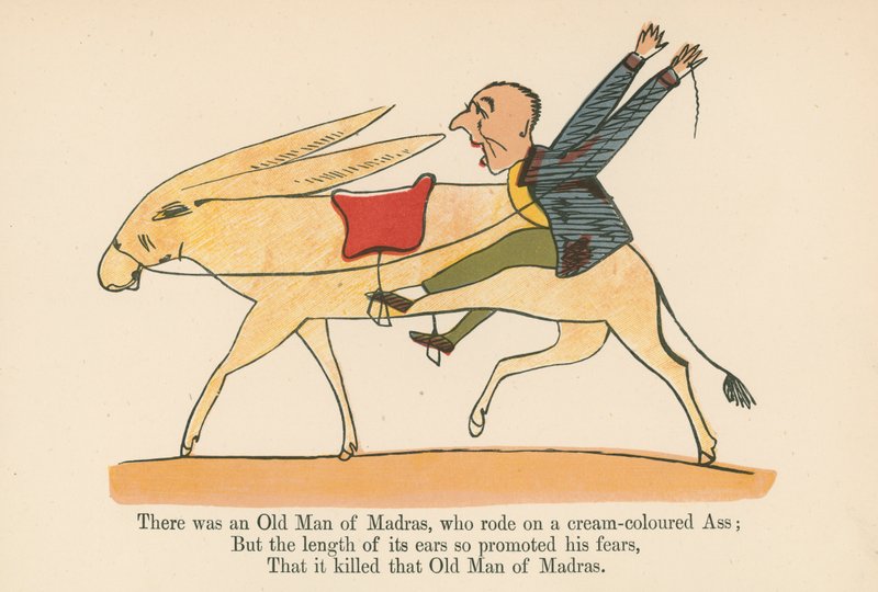 Olipa kerran Madrasin vanha mies, joka ratsasti kermanvärisellä aasilla, Frederick Warne and Co:n julkaisemasta "A Book of Nonsense", Lontoo, n. 1875. tekijältä Edward Lear
