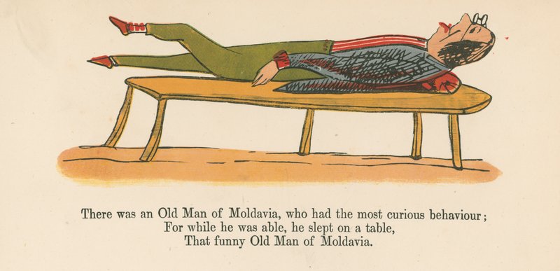 Olipa kerran Moldavian vanhus, joka käyttäytyi mitä kummallisimmin, Frederick Warnen ja Co:n julkaisemasta "A Book of Nonsense", Lontoo, n. 1875. tekijältä Edward Lear