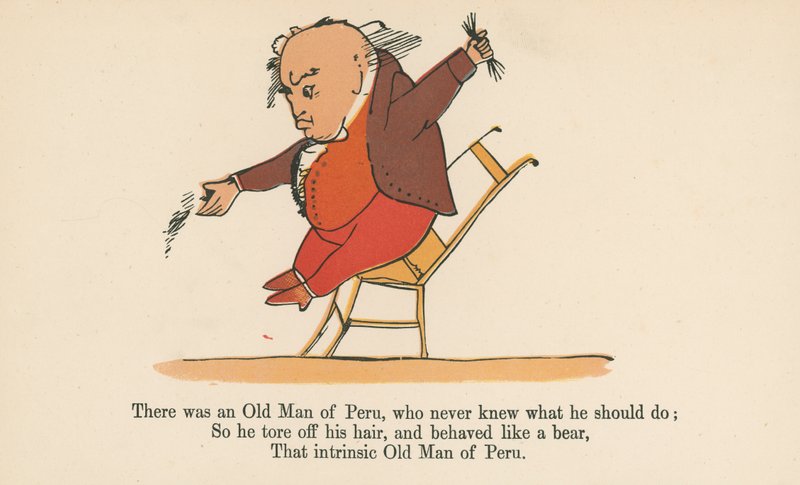 Olipa kerran Perun vanha mies, joka ei koskaan tiennyt, mitä hänen pitäisi tehdä, Frederick Warne and Co:n julkaisemasta "A Book of Nonsense", Lontoo, n. 1875. tekijältä Edward Lear