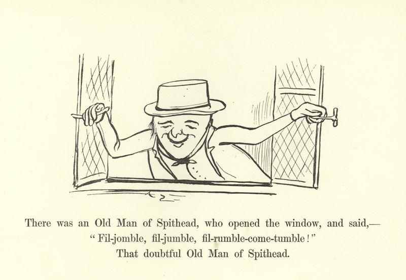 Siellä oli eräs kyynärpään vanha mies, joka avasi ikkunan ja sanoi: "Puhua, jyrinä, jyrinä-tule-rummu!" tekijältä Edward Lear