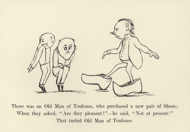 Siellä oli Toulousen vanha mies, joka osti uudet kengät tekijältä Edward Lear