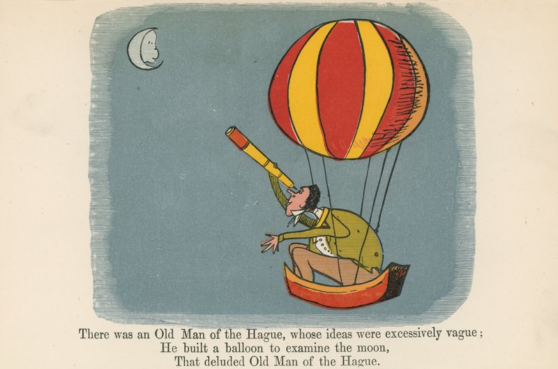 Siellä oli Haagin vanha mies, jonka ideat olivat liian epämääräisiä, kirjasta "A Book of Nonsense", jonka julkaisi Frederick Warne and Co., Lontoo, noin 1875 tekijältä Edward Lear