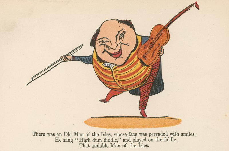 Siellä oli saarten vanha mies, jonka kasvot olivat täynnä hymyjä, kirjasta "A Book of Nonsense", julkaisija Frederick Warne and Co., Lontoo, noin 1875 tekijältä Edward Lear