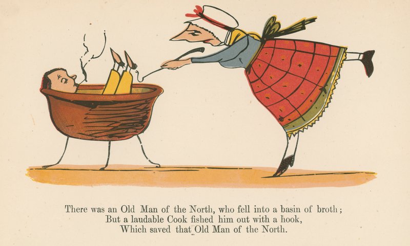 Olipa kerran pohjoisen vanhus, joka putosi liemessä altaaseen, Frederick Warne and Co:n julkaisemasta "A Book of Nonsense", Lontoo, n. 1875. tekijältä Edward Lear