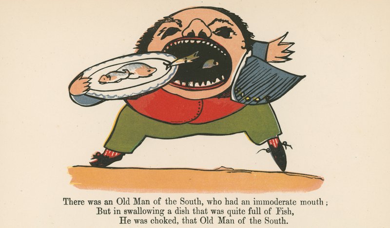 Siellä oli Etelän vanha mies, jolla oli kohtuuton suu, kirjasta "A Book of Nonsense", jonka julkaisija Frederick Warne and Co., Lontoo, noin 1875 tekijältä Edward Lear