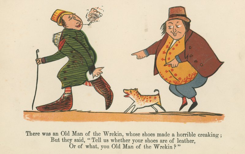 Siellä oli vanha mies, jonka kengät vinkuvat kamalasti. Kirjasta "A Book of Nonsense", jonka on julkaissut Frederick Warne and Co., Lontoo, noin 1875 tekijältä Edward Lear