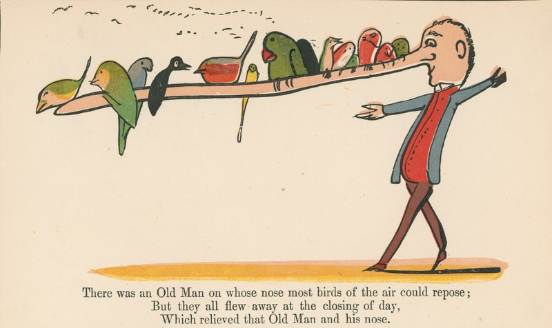 Siellä oli vanha mies, jonka nenällä useimmat taivaan linnut saattoivat levätä, kirjasta "A Book of Nonsense", julkaisija Frederick Warne and Co., Lontoo, noin 1875 tekijältä Edward Lear