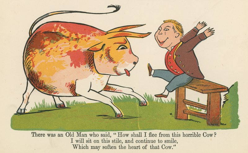 Siellä oli vanha mies, joka sanoi: "Kuinka minä pakenen tätä kauheaa lehmää", "A Book of Nonsense", julkaisija Frederick Warne and Co., Lontoo, n. 1875 tekijältä Edward Lear